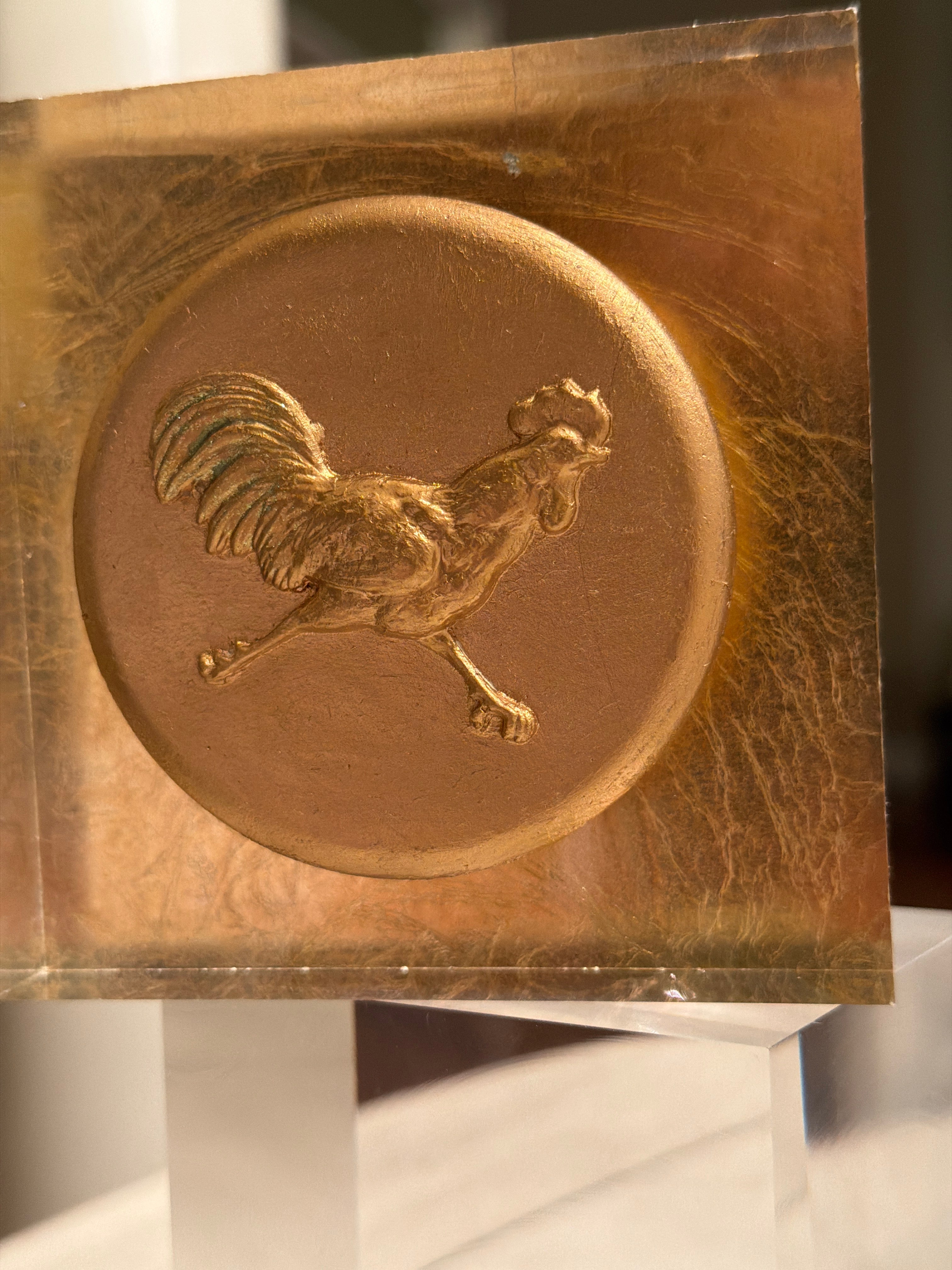 Gold Background Rooster Intaglio Acrylic Block – 4x4 Decorative Display