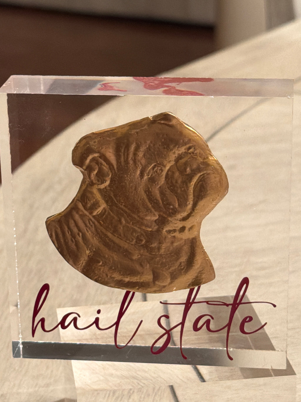Gold Bulldog Intaglio Acrylic Block – “Hail State” 4x4 Display Collectible