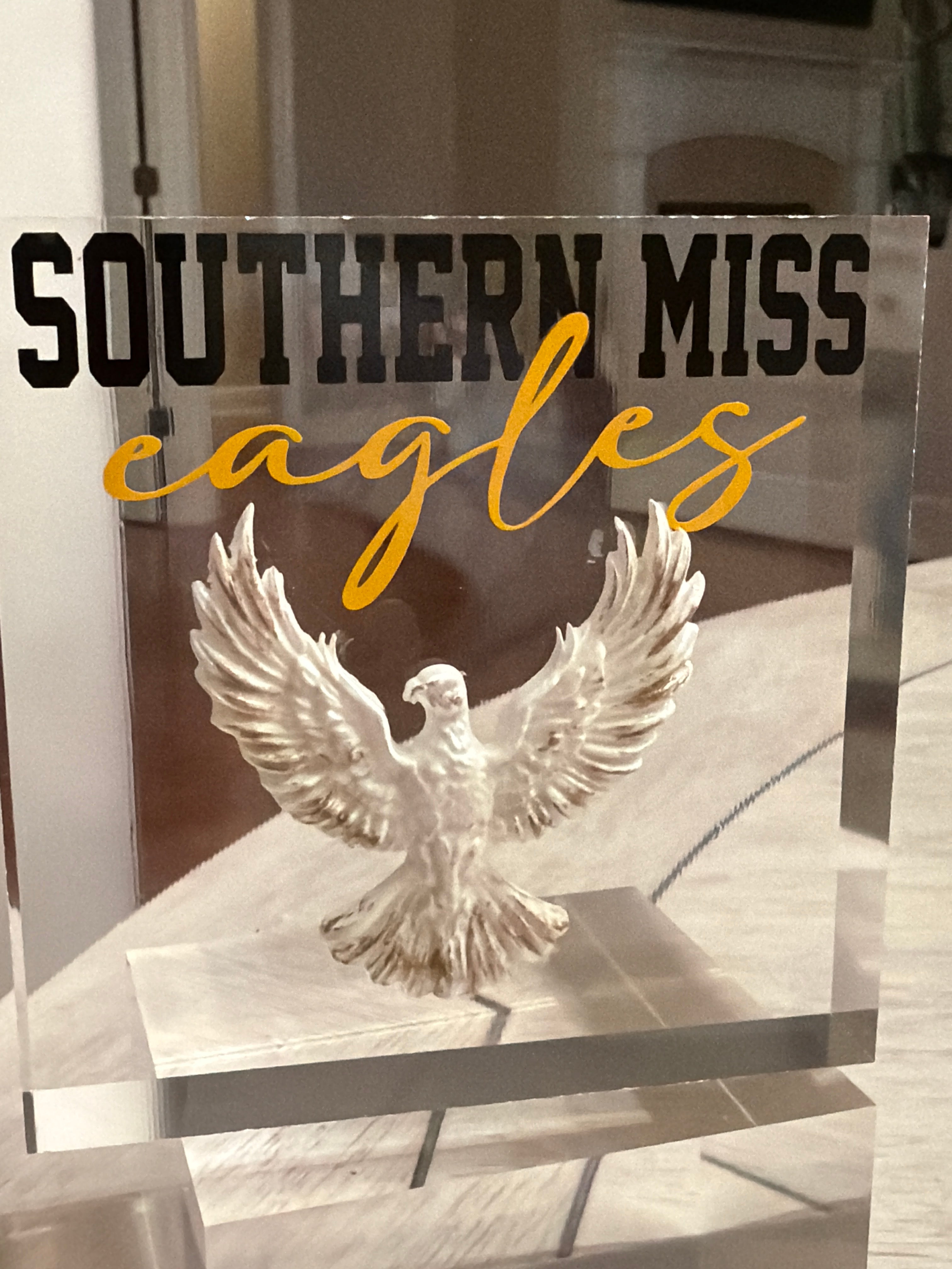 White & Gold Eagle Intaglio Acrylic Block – “Southern Miss Eagles” 4x4 Display