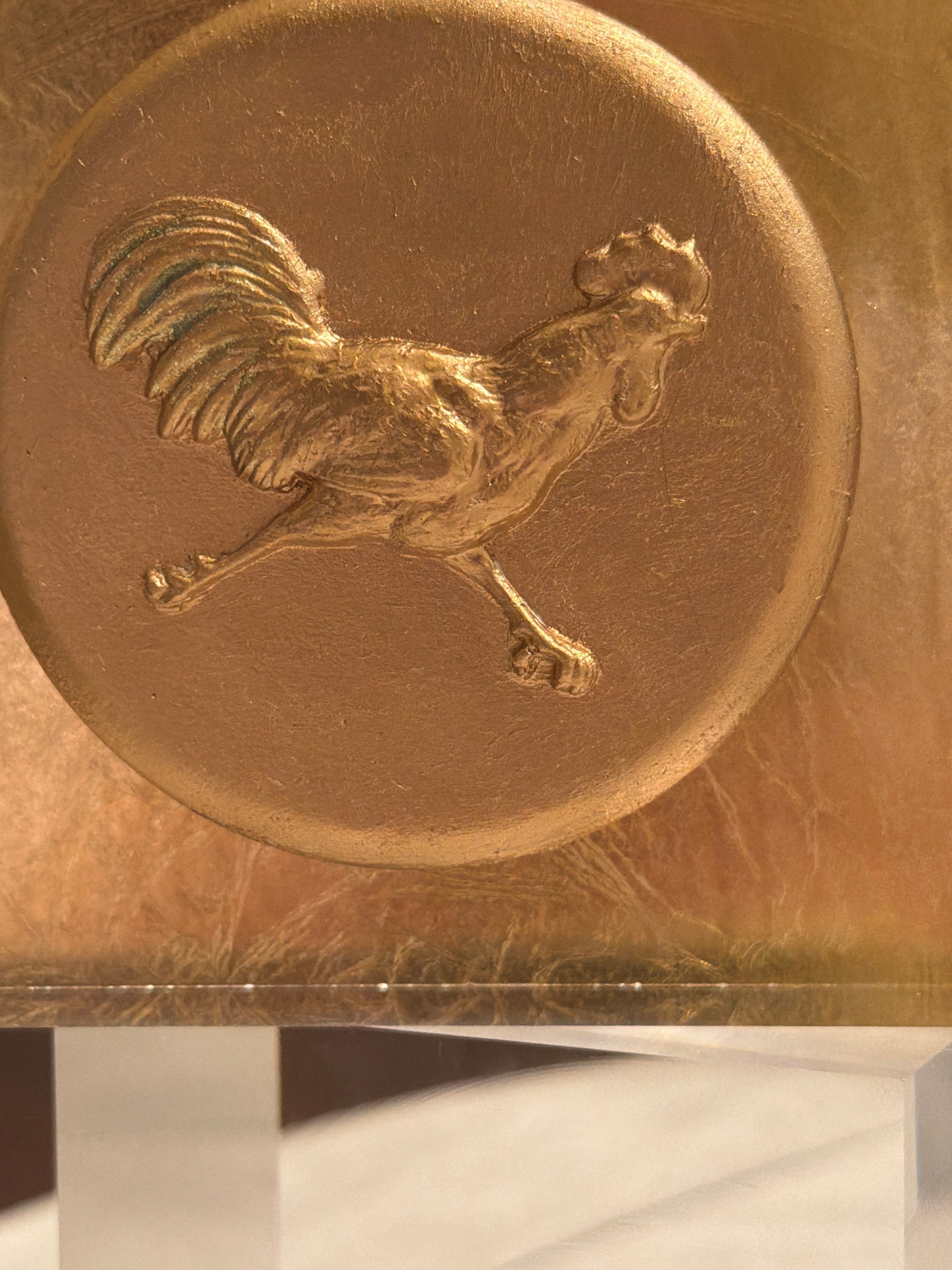 Gold Background Rooster Intaglio Acrylic Block – 4x4 Decorative Display
