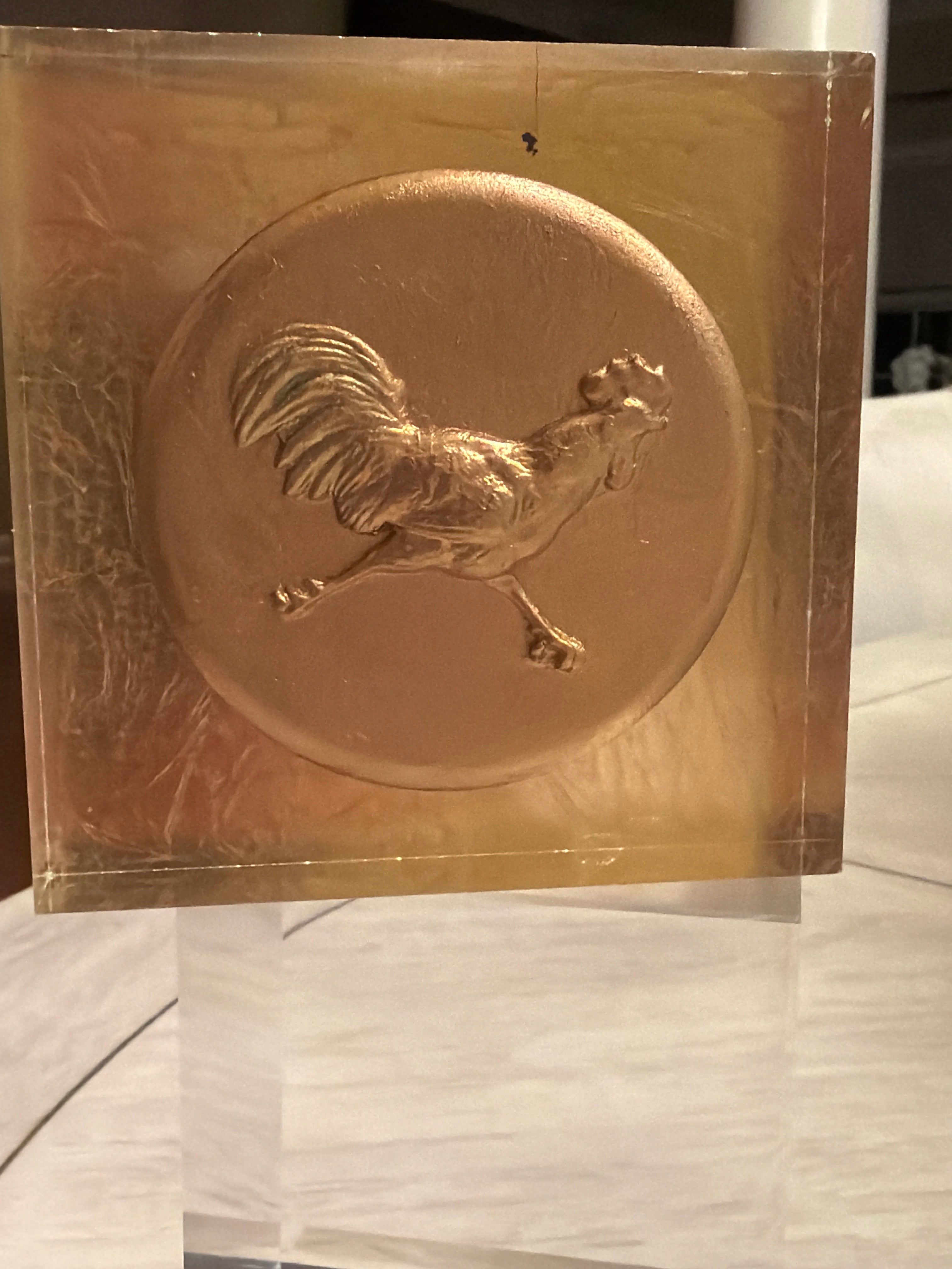 Gold Background Rooster Intaglio Acrylic Block – 4x4 Decorative Display