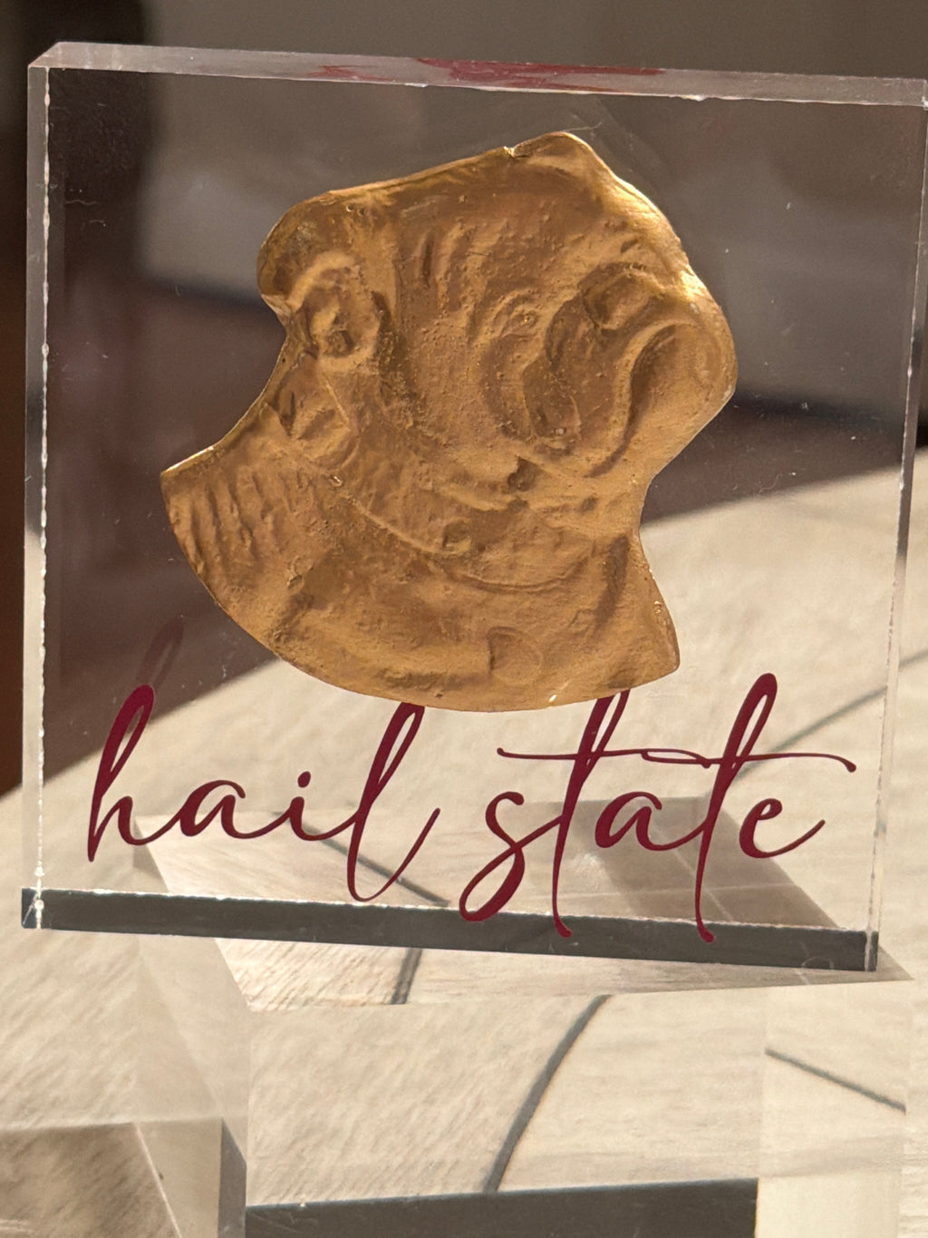 Gold Bulldog Intaglio Acrylic Block – “Hail State” 4x4 Display Collectible