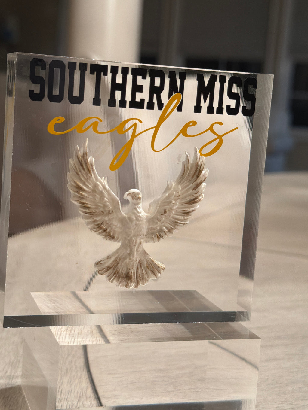 White & Gold Eagle Intaglio Acrylic Block – “Southern Miss Eagles” 4x4 Display