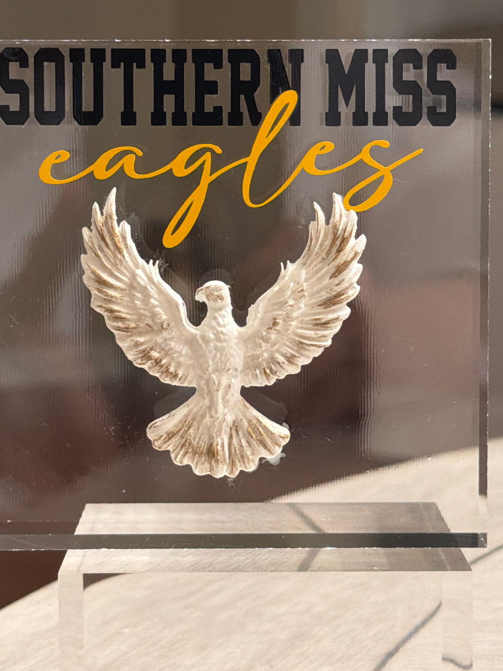 White & Gold Eagle Intaglio Acrylic Block – “Southern Miss Eagles” 4x4 Display