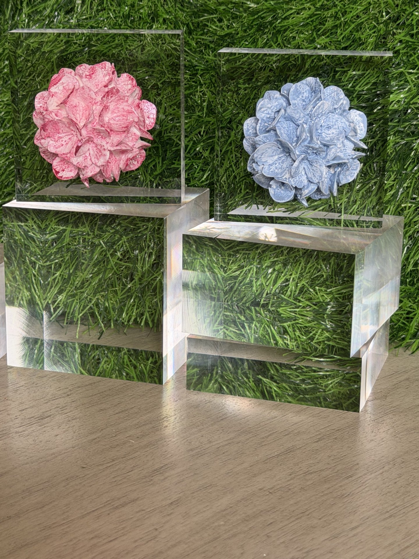 Hydrangea Intaglio Art on Acrylic Block – 3x3 Handcrafted Floral Décor (Blue, Pink & White)