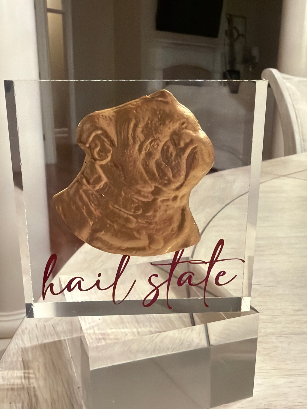 Gold Bulldog Intaglio Acrylic Block – “Hail State” 4x4 Display Collectible