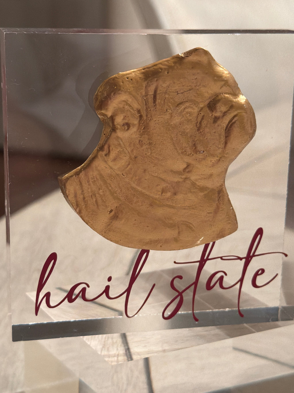 Gold Bulldog Intaglio Acrylic Block – “Hail State” 4x4 Display Collectible