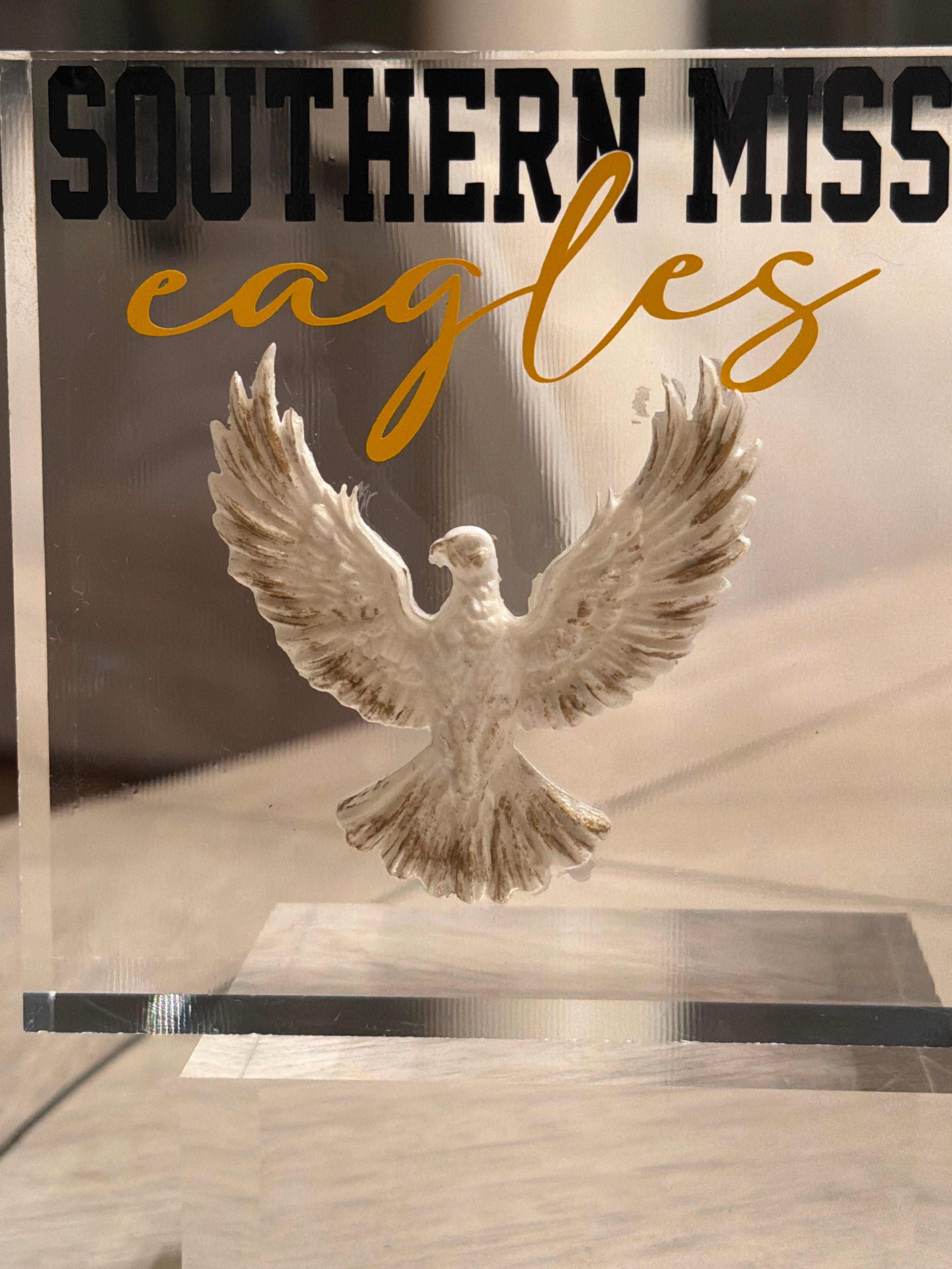 White & Gold Eagle Intaglio Acrylic Block – “Southern Miss Eagles” 4x4 Display