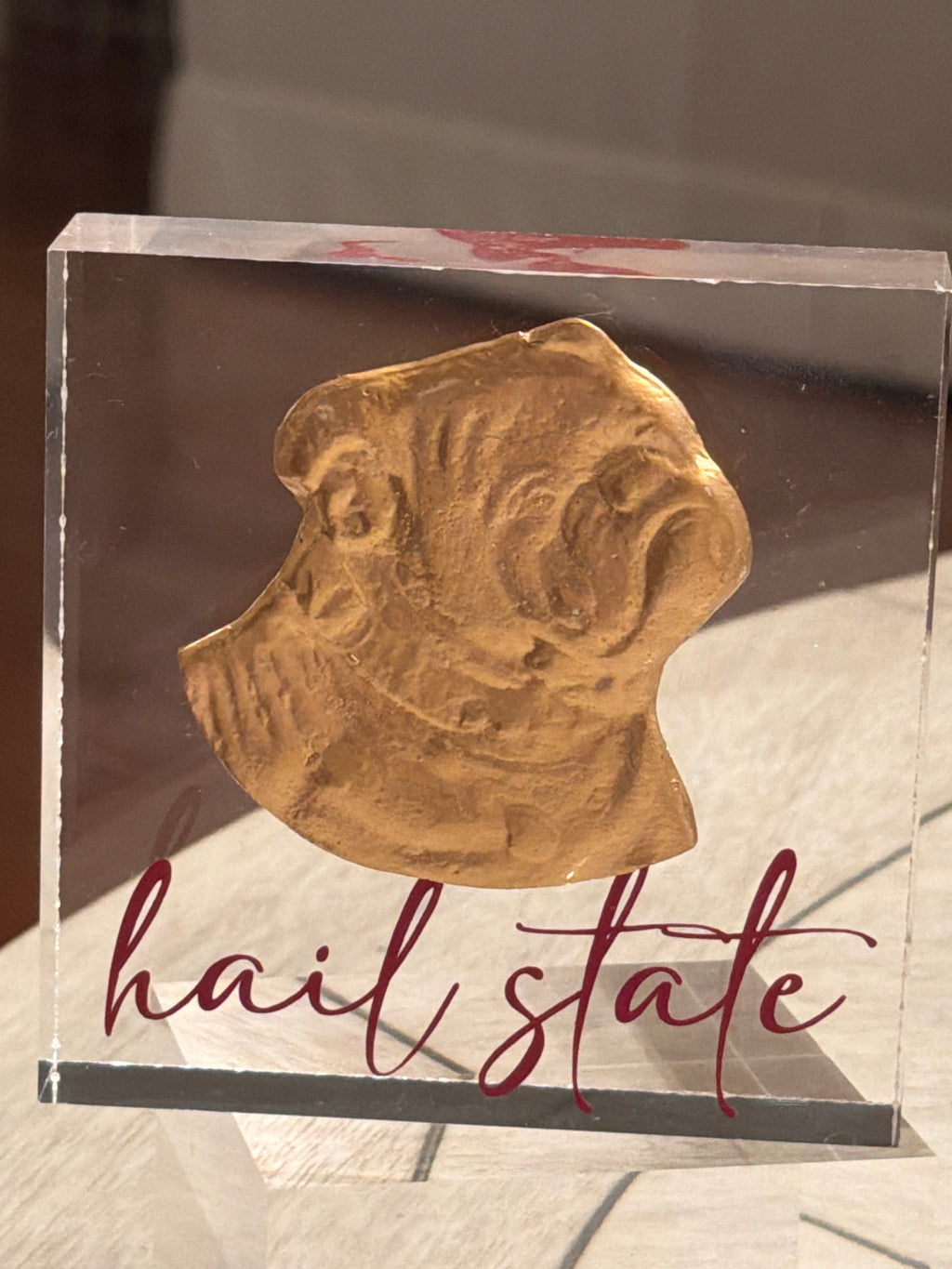 Gold Bulldog Intaglio Acrylic Block – “Hail State” 4x4 Display Collectible