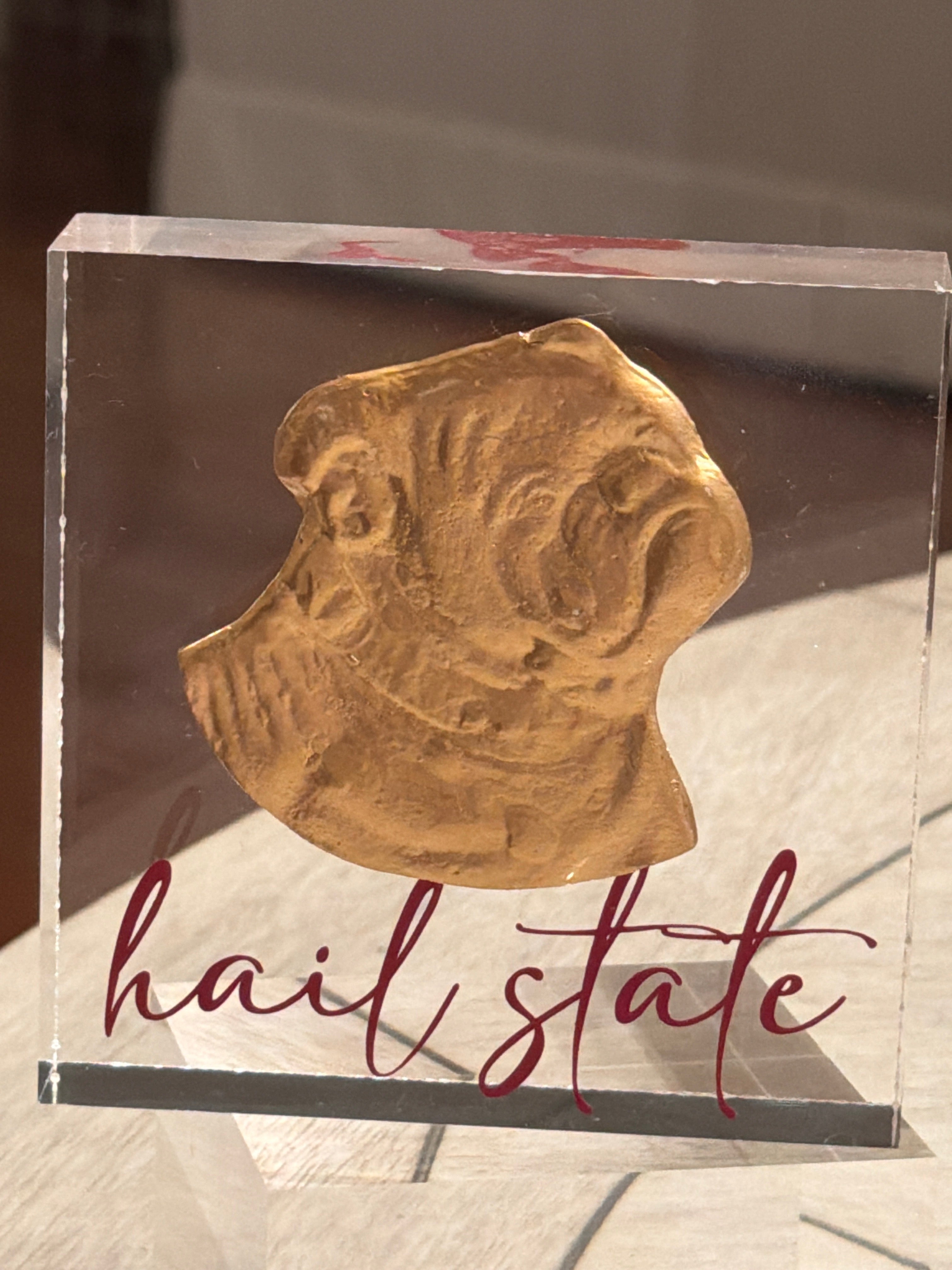 Gold Bulldog Intaglio Acrylic Block – “Hail State” 4x4 Display Collectible