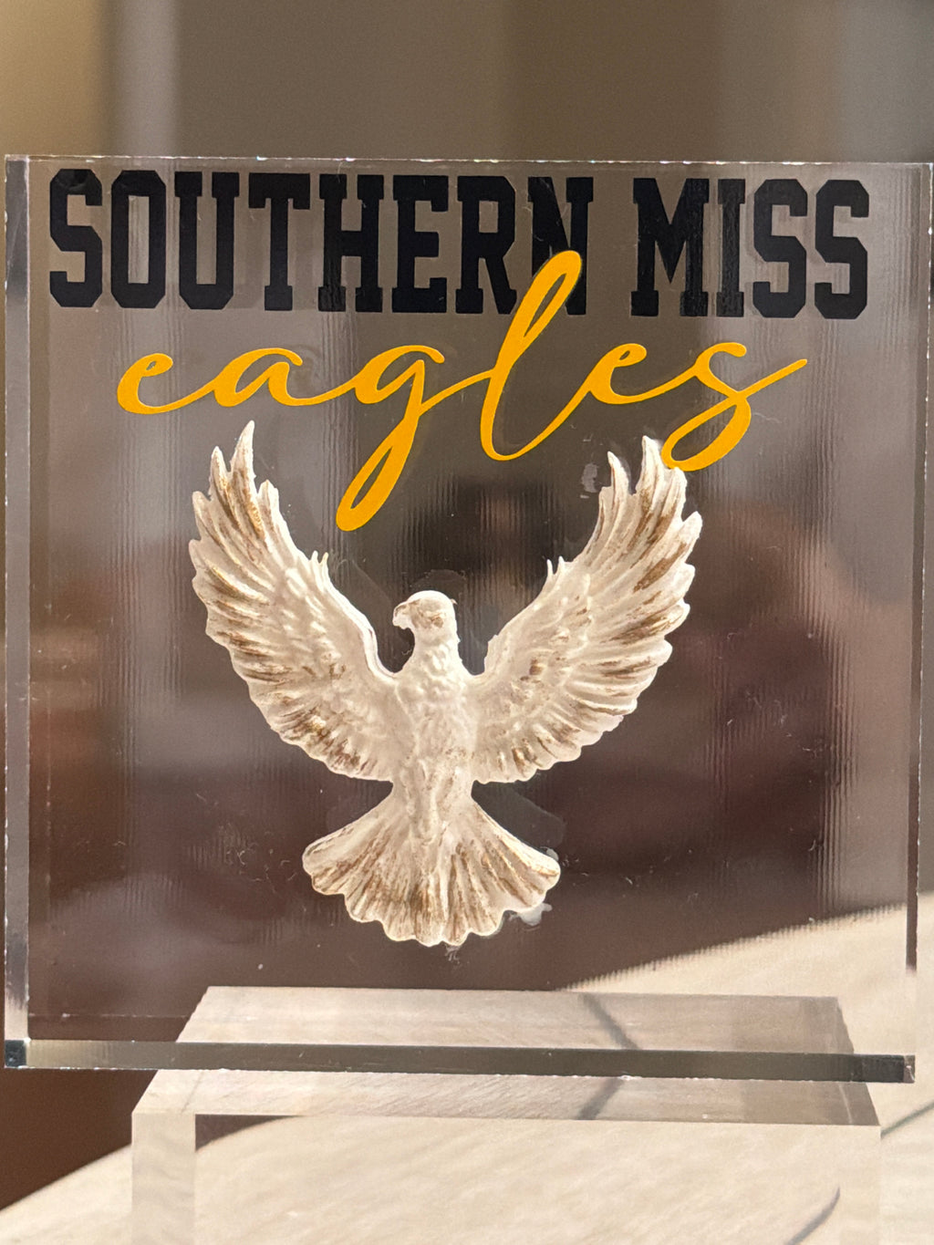 White & Gold Eagle Intaglio Acrylic Block – “Southern Miss Eagles” 4x4 Display
