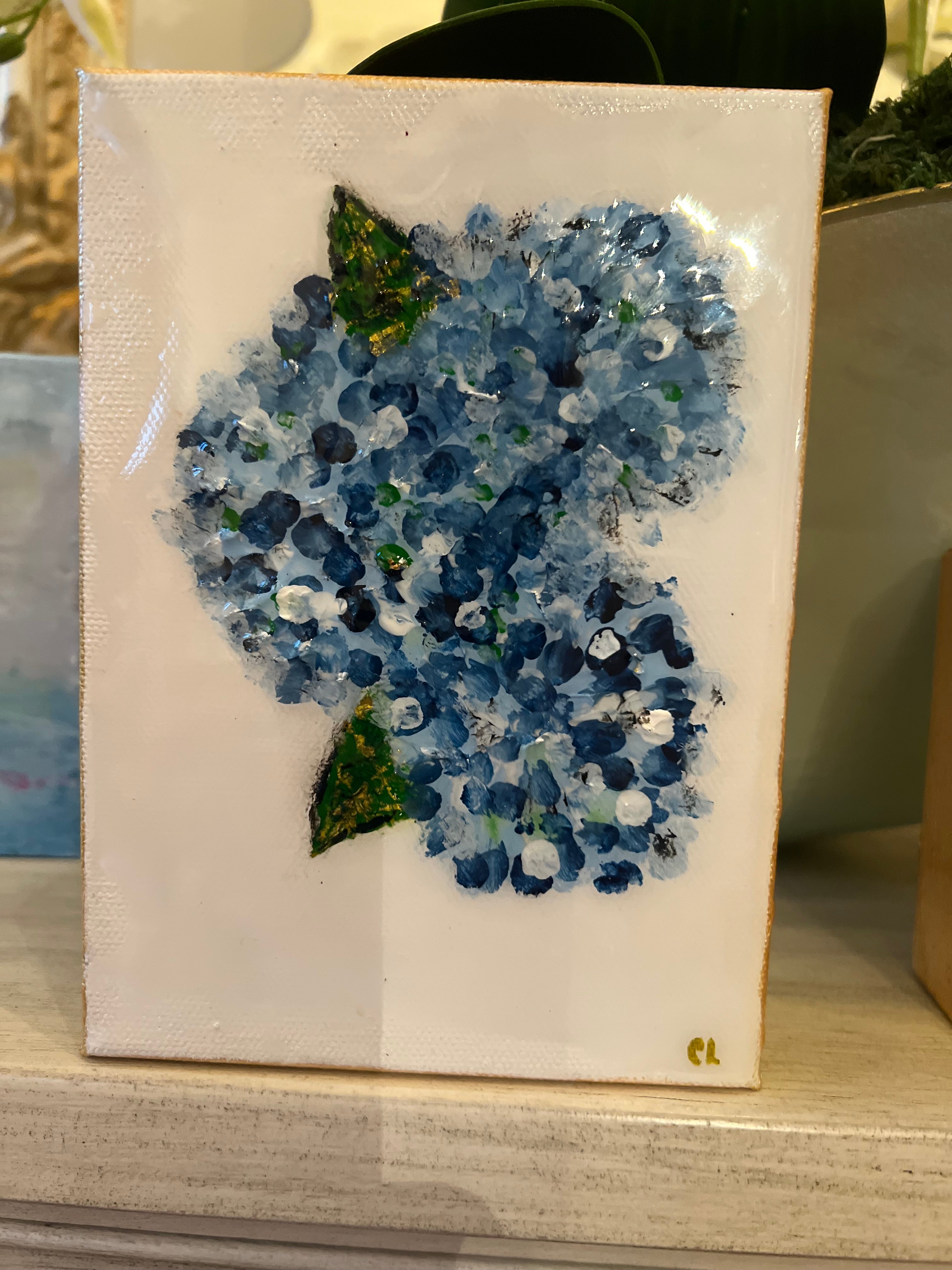 Blue Hydrangea Resin Art Painting – 5x7 Original Floral Canvas Wall Décor