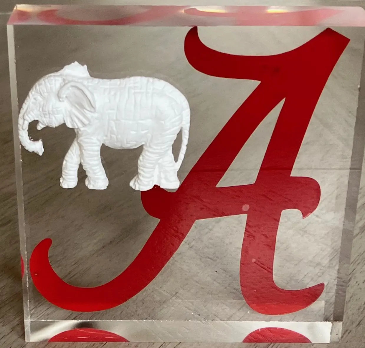 White Elephant Acrylic Block Art – Crimson Collegiate Inspired Decor, Gold Intaglio Animal, Desk Sculpture, Unique Gift