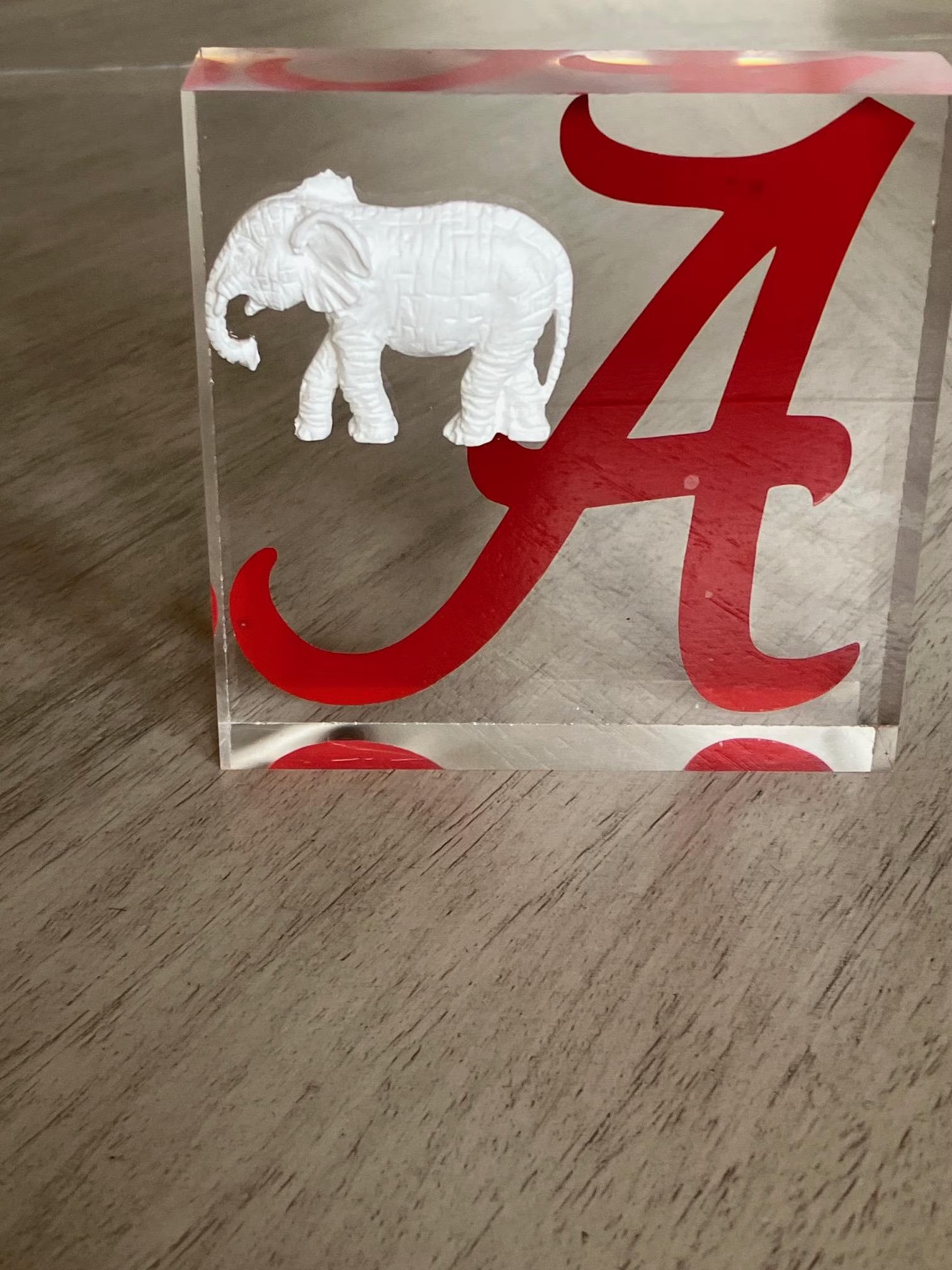 White Elephant Acrylic Block Art – Crimson Collegiate Inspired Decor, Gold Intaglio Animal, Desk Sculpture, Unique Gift
