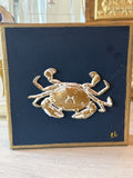 Gold Embossed Crab Intaglio on Navy Canvas – Coastal Elegance Framed in Gold (6"x6"x1")