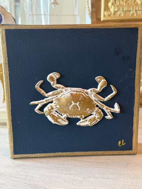 Gold Embossed Crab Intaglio on Navy Canvas – Coastal Elegance Framed in Gold (6"x6"x1")