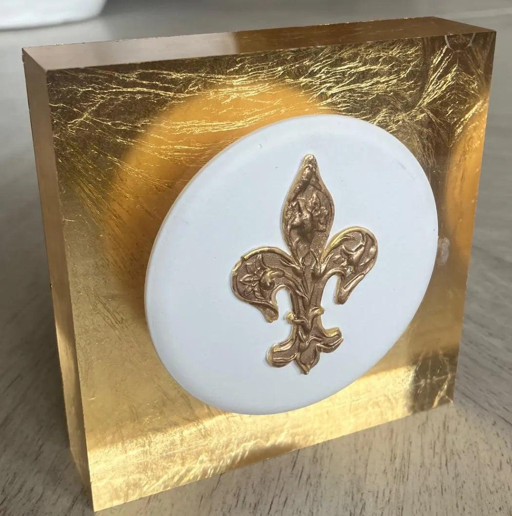 Fluer De Lis Intaglio Acrylic Block | 4x4x1 Gold Background | Elegant French Decor | Desk or Shelf Accent | Gift for Home