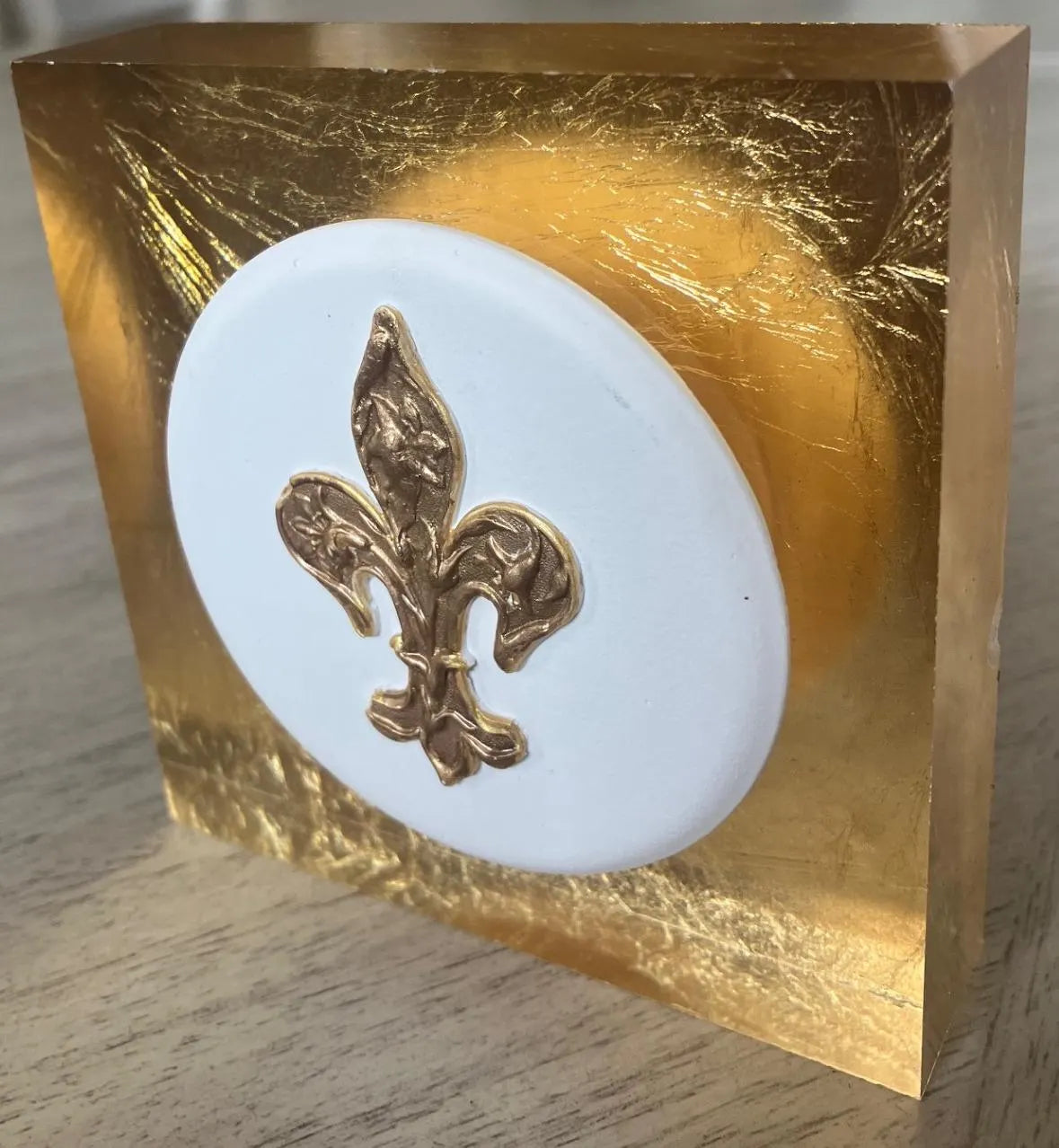 Fluer De Lis Intaglio Acrylic Block | 4x4x1 Gold Background | Elegant French Decor | Desk or Shelf Accent | Gift for Home