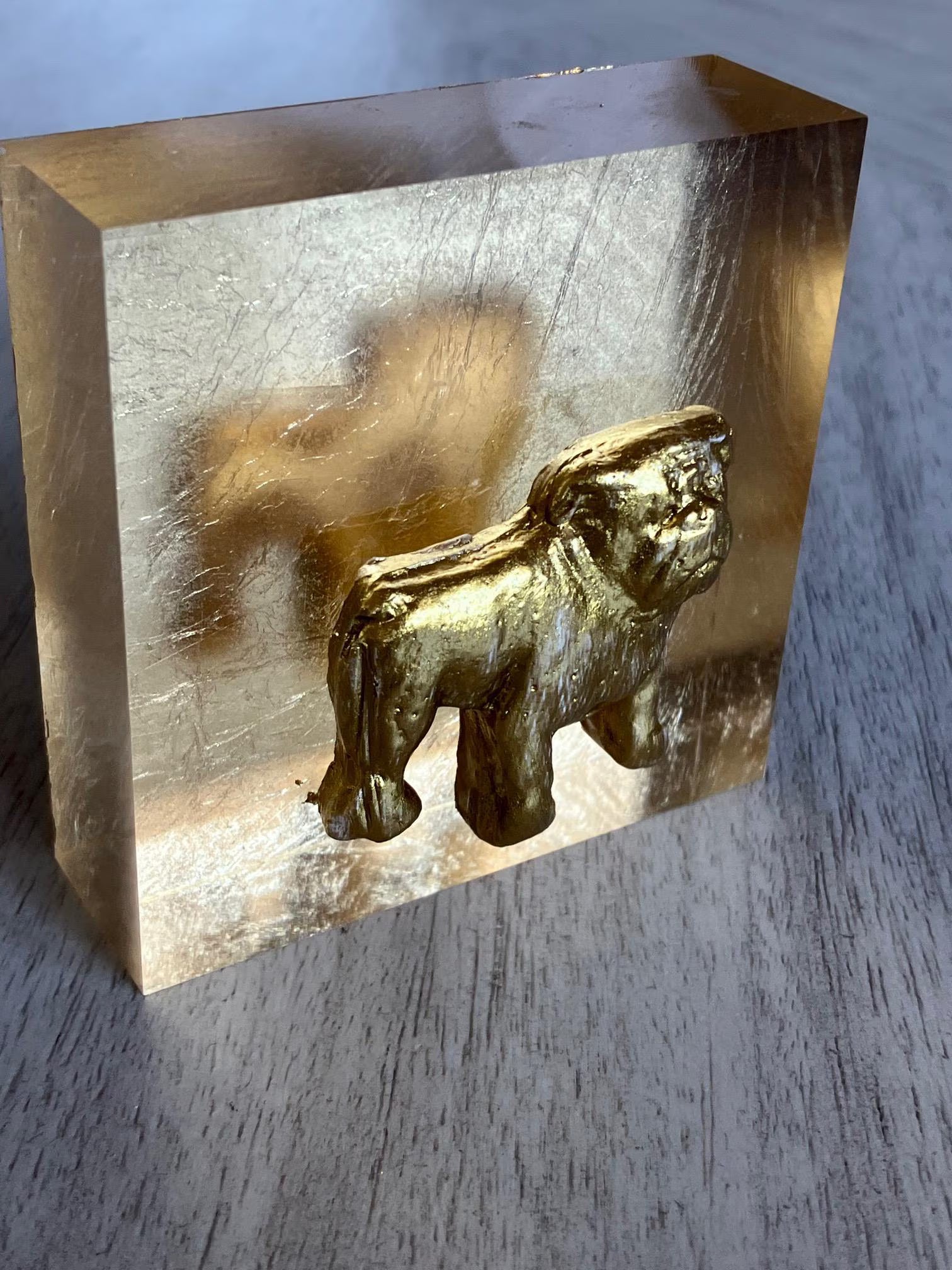 Gold Bulldog Acrylic Block Art – Modern Desk Sculpture, Animal Decor, Small Home Accent, Unique Gift