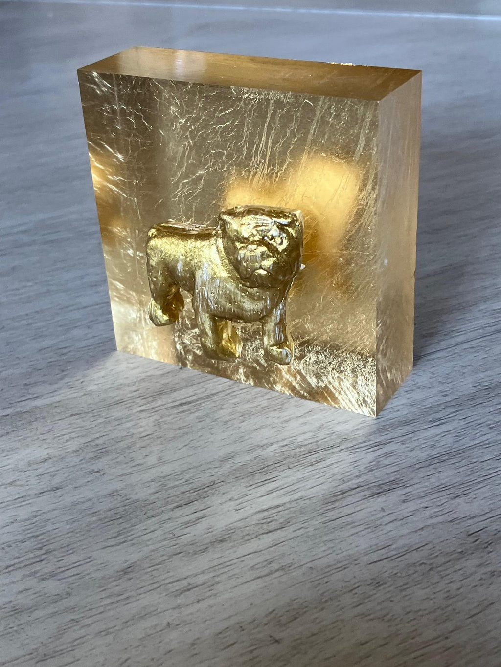 Gold Bulldog Acrylic Block Art – Modern Desk Sculpture, Animal Decor, Small Home Accent, Unique Gift