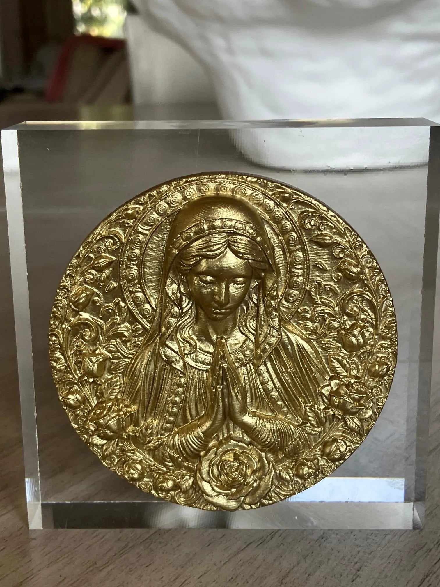 Gold Mother Praying Intaglio on Acrylic Block – 4x4x1 Handmade Religious Art – Inspirational Desk or Shelf Decor