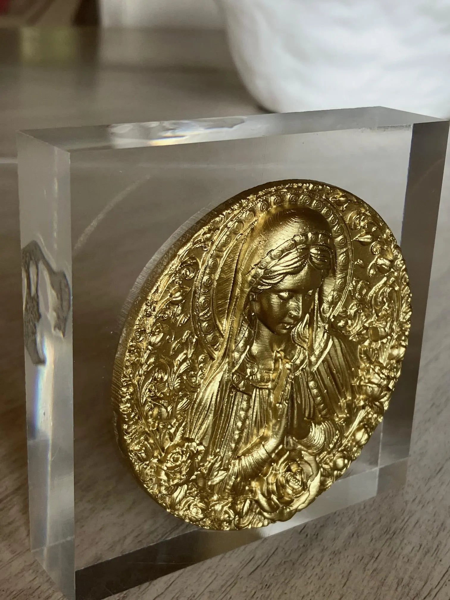 Gold Mother Praying Intaglio on Acrylic Block – 4x4x1 Handmade Religious Art – Inspirational Desk or Shelf Decor