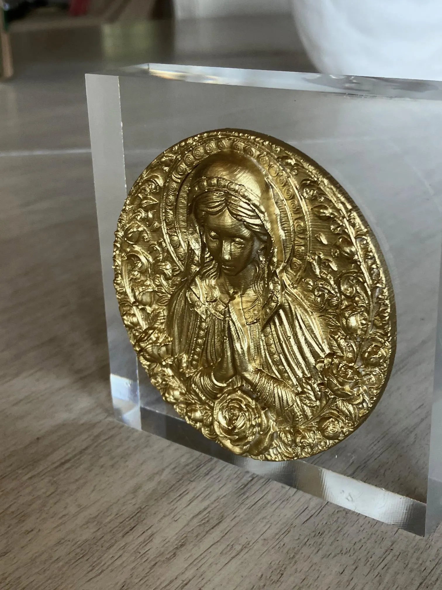 Gold Mother Praying Intaglio on Acrylic Block – 4x4x1 Handmade Religious Art – Inspirational Desk or Shelf Decor