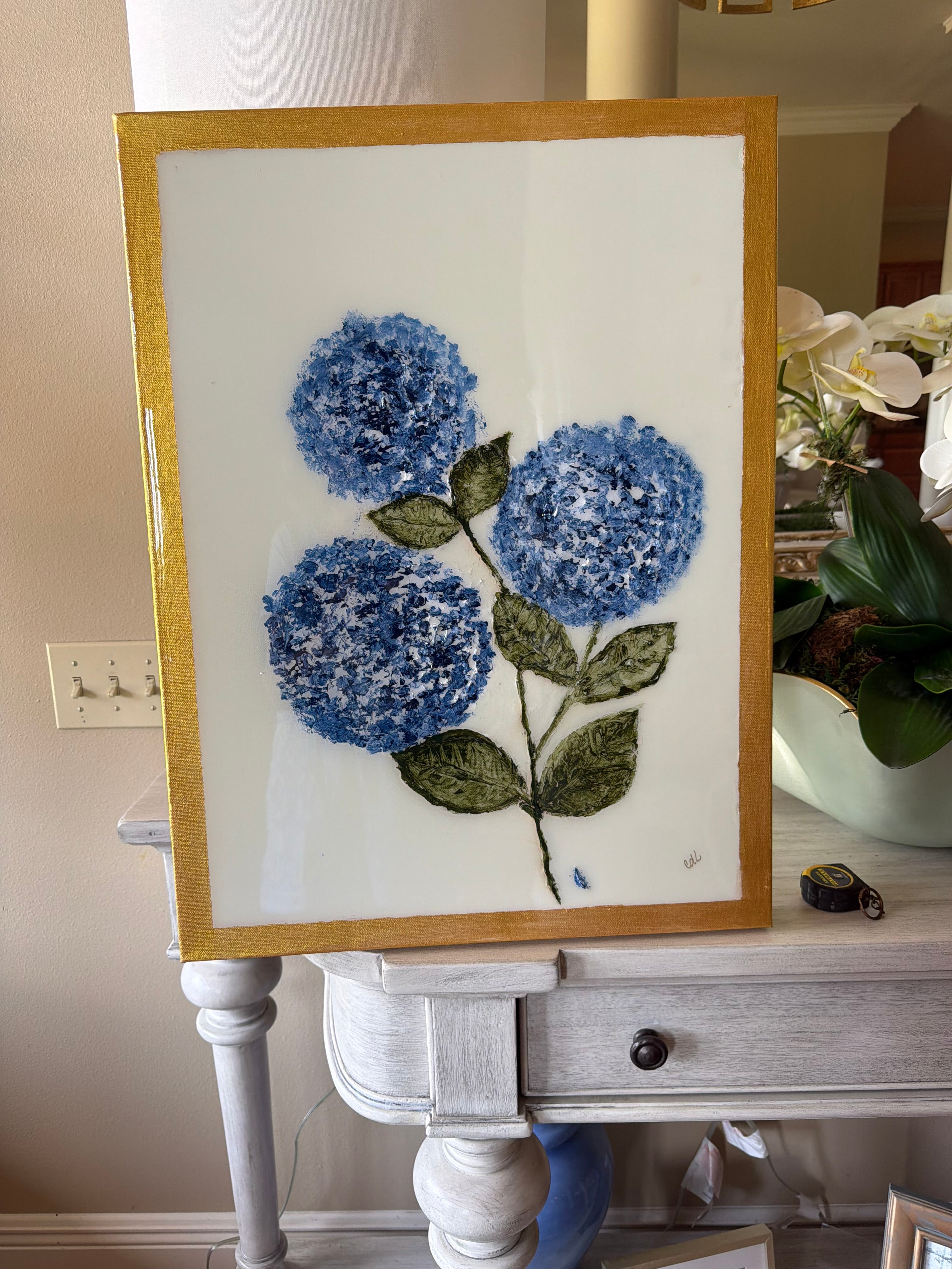 Textured Hydrangea Resin Painting on 18" x 24" Canvas | Original Floral Wall Art