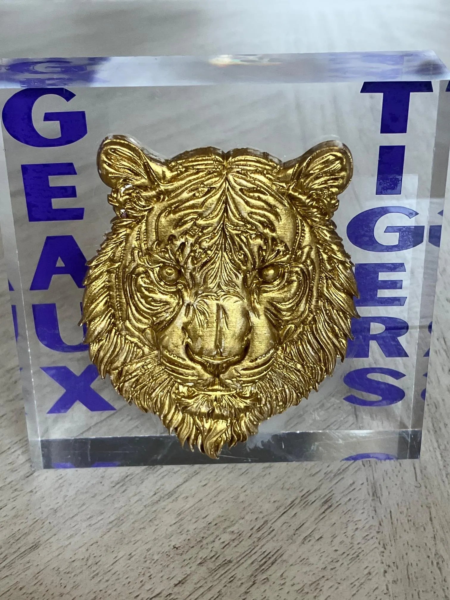 Gold Tiger Intaglio on Acrylic Block – “Geaux Tigers” Decorative Display, LSU Fan Memorabilia, 4x4x1 Desk Art
