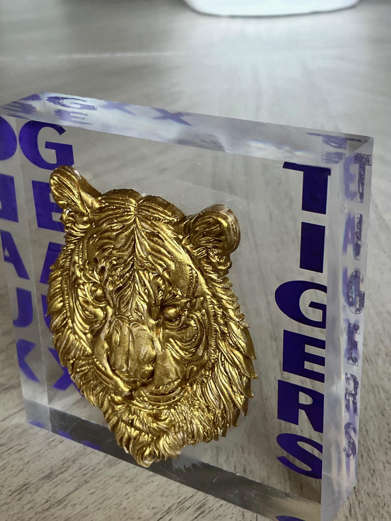 Gold Tiger Intaglio on Acrylic Block – “Geaux Tigers” Decorative Display, LSU Fan Memorabilia, 4x4x1 Desk Art