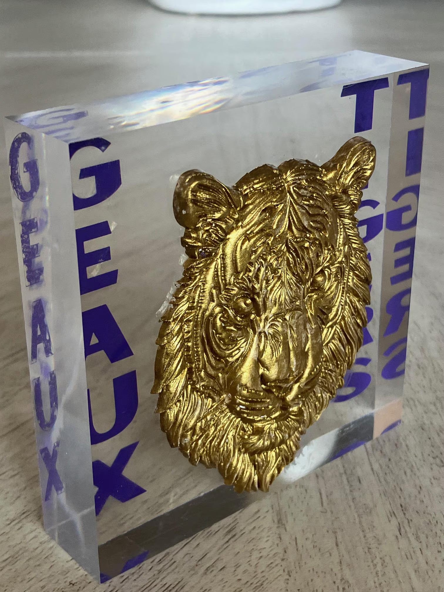 Gold Tiger Intaglio on Acrylic Block – “Geaux Tigers” Decorative Display, LSU Fan Memorabilia, 4x4x1 Desk Art
