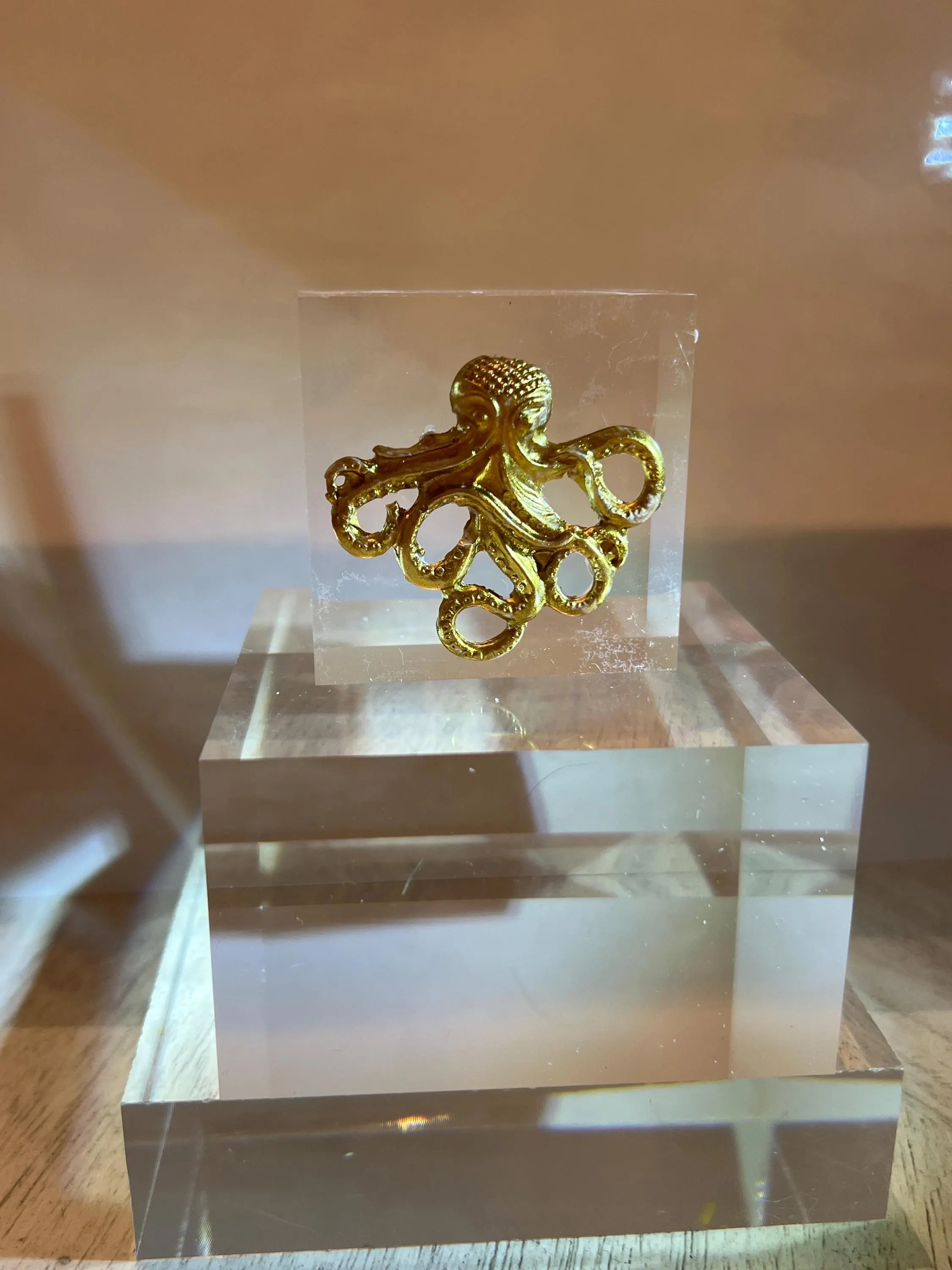 Gold Octopus Acrylic Block Art – Marine Intaglio Sculpture, Coastal Desk Decor, Ocean Lover Gift