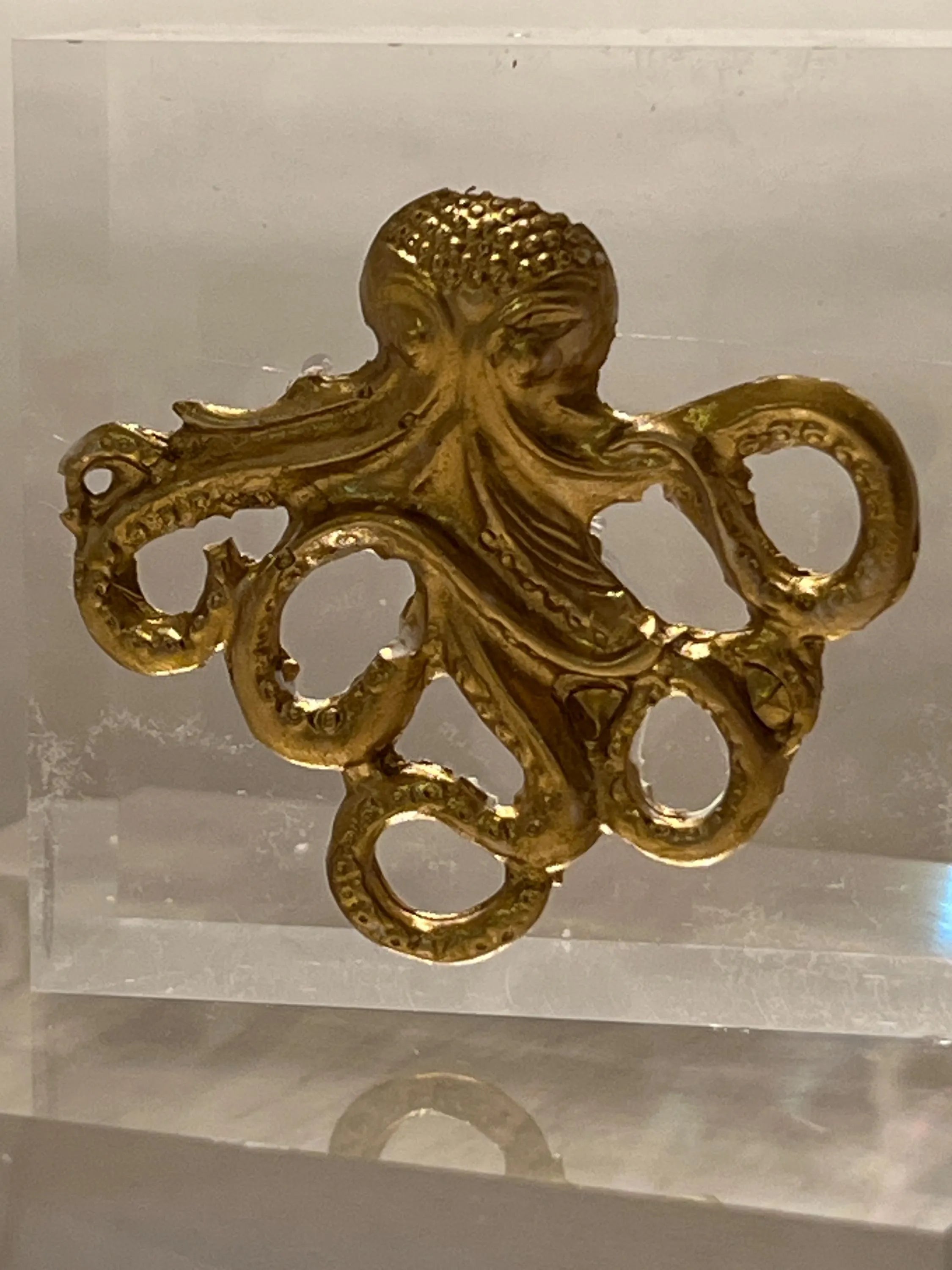 Gold Octopus Acrylic Block Art – Marine Intaglio Sculpture, Coastal Desk Decor, Ocean Lover Gift