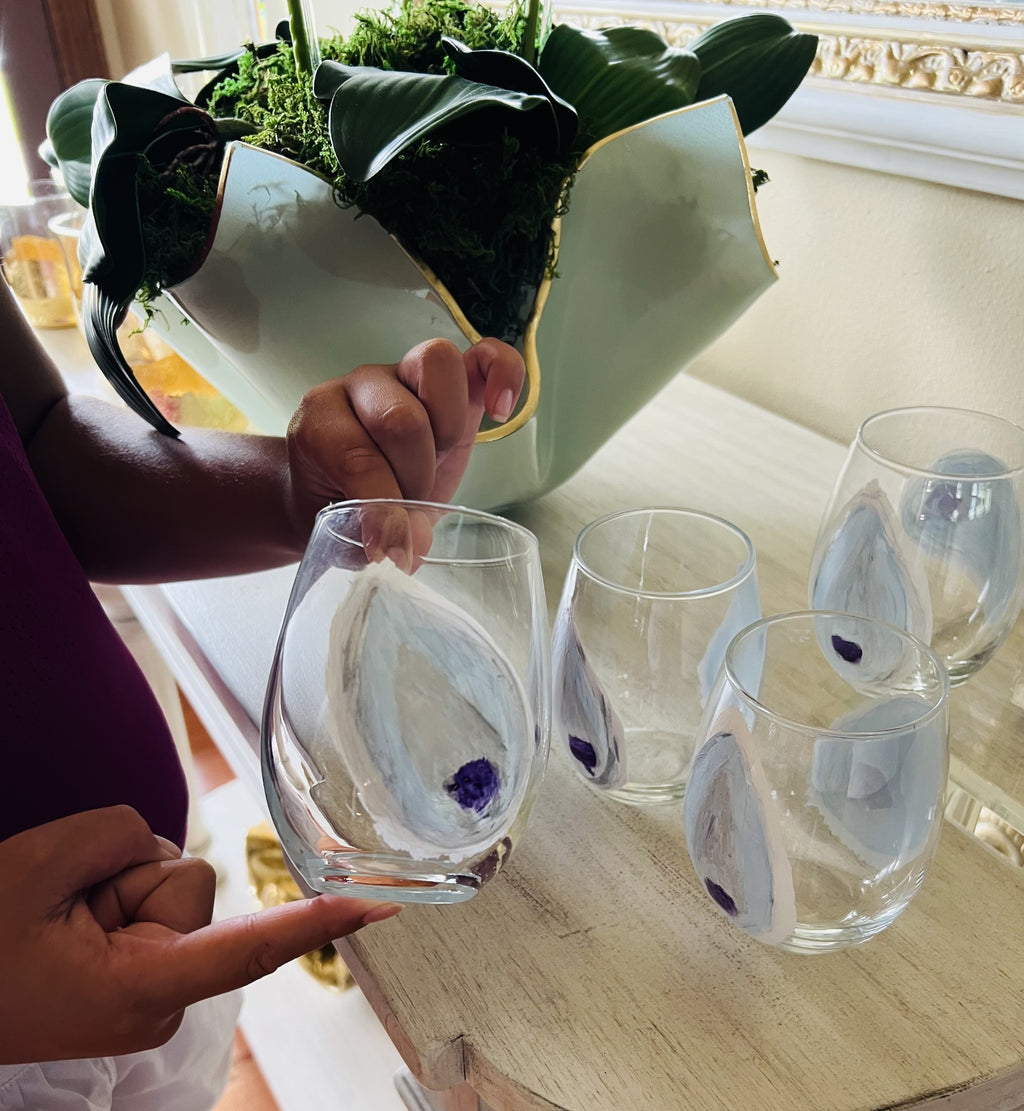Hand-Painted Oyster Wine Glasses, Coastal Barware, Unique Artwork