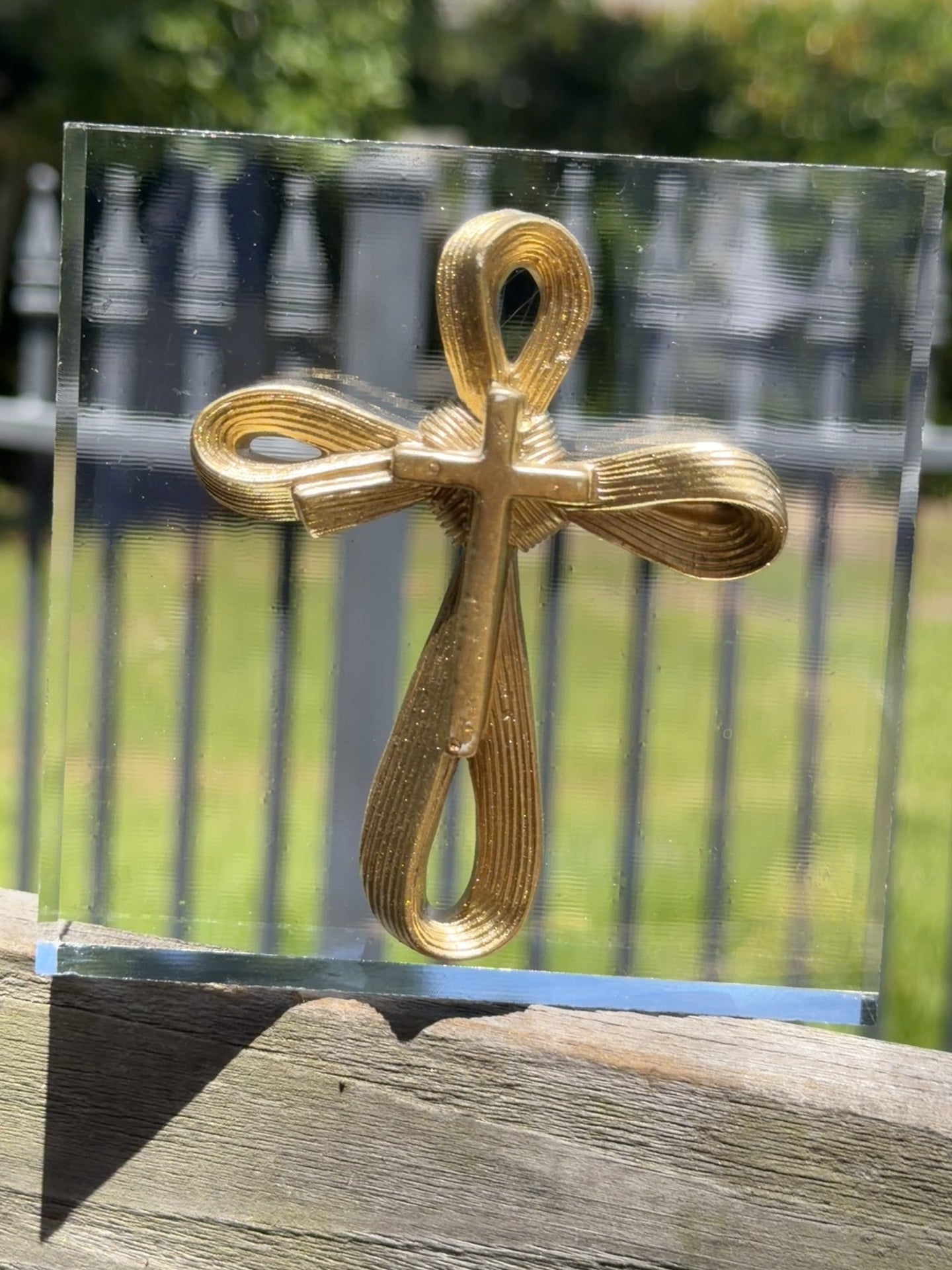 Golden Cross Intaglio on 4"x4"x1" Acrylic Block | Elegant Christian Decor
