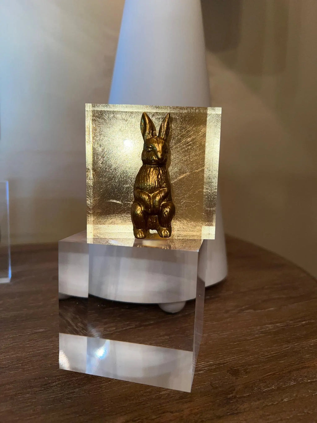 Rabbit Acrylic Block Art with Gold Leaf – Bunny Decor, Cute Desk Accent, Unique Gift