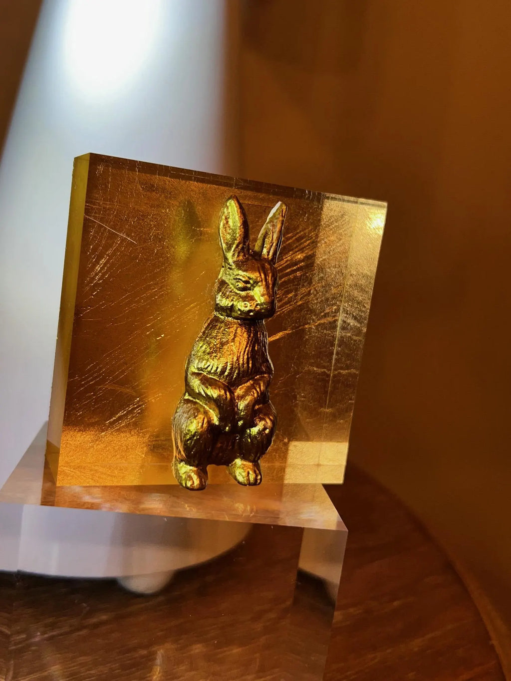 Rabbit Acrylic Block Art with Gold Leaf – Bunny Decor, Cute Desk Accent, Unique Gift