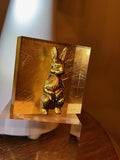 Rabbit Acrylic Block Art with Gold Leaf – Bunny Decor, Cute Desk Accent, Unique Gift