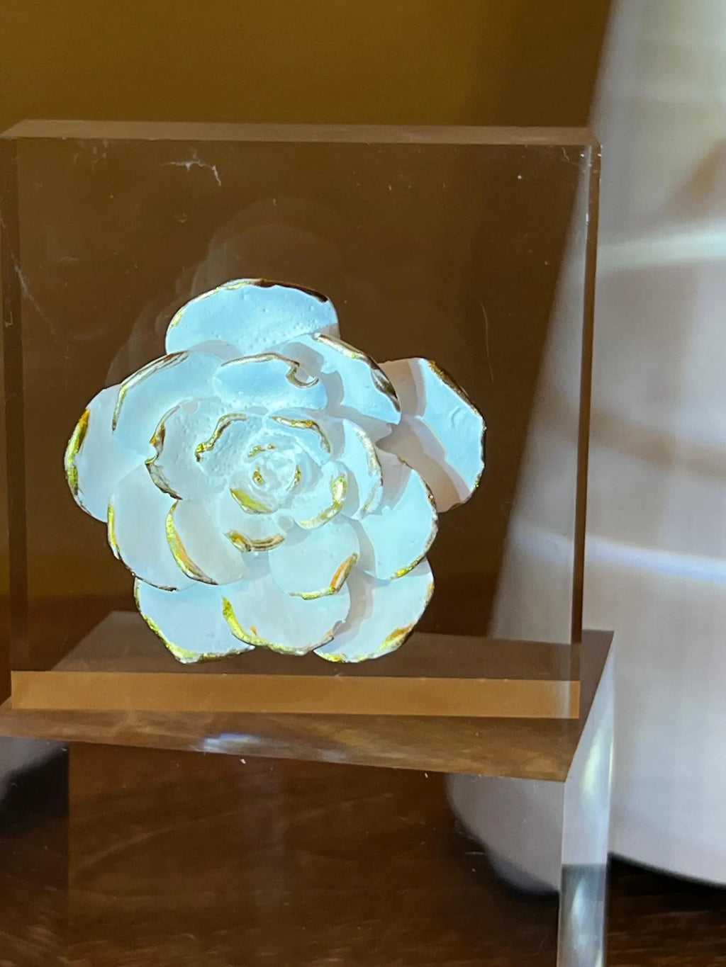 White & Gold Rose Acrylic Block Art – Elegant Floral Decor, Romantic Gift, Desk Accent