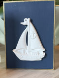 Sailboat Intaglio on Navy Canvas with Gold Framed Detail – Coastal Nautical Art (7"x5"x1")