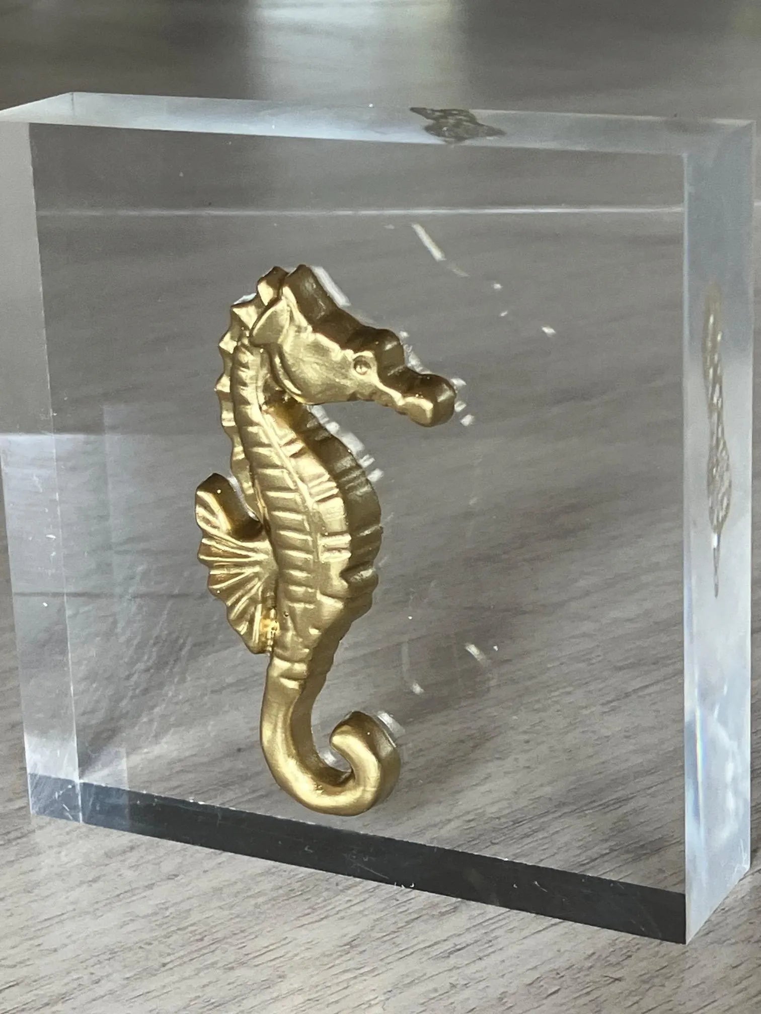 Gold Seahorse Intaglio on Acrylic Block – 4x4x1 Decorative Desk Sculpture