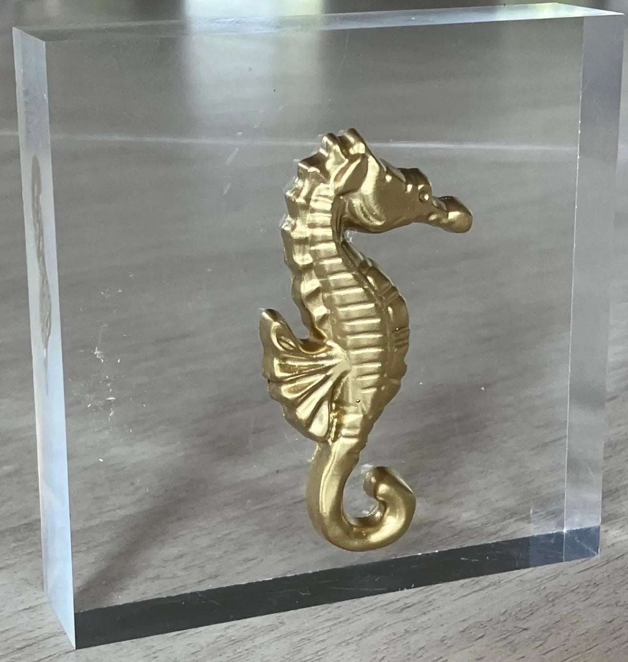 Gold Seahorse Intaglio on Acrylic Block – 4x4x1 Decorative Desk Sculpture