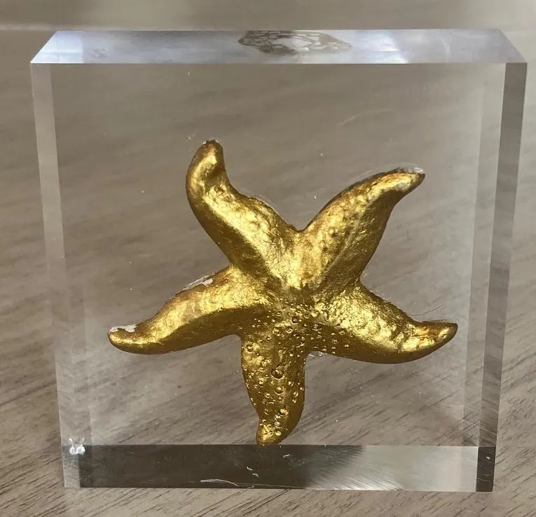 Gold Starfish Intaglio on Acrylic Block – 3x3x1 Handmade Coastal Decor – Beach Lover Desk or Shelf Art