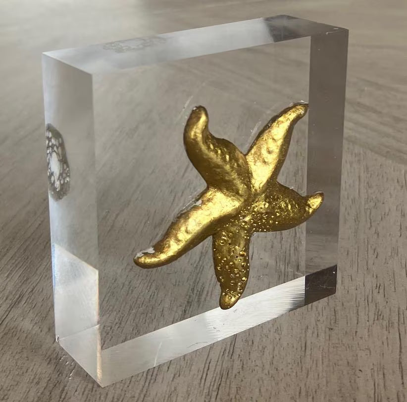 Gold Starfish Intaglio on Acrylic Block – 3x3x1 Handmade Coastal Decor – Beach Lover Desk or Shelf Art