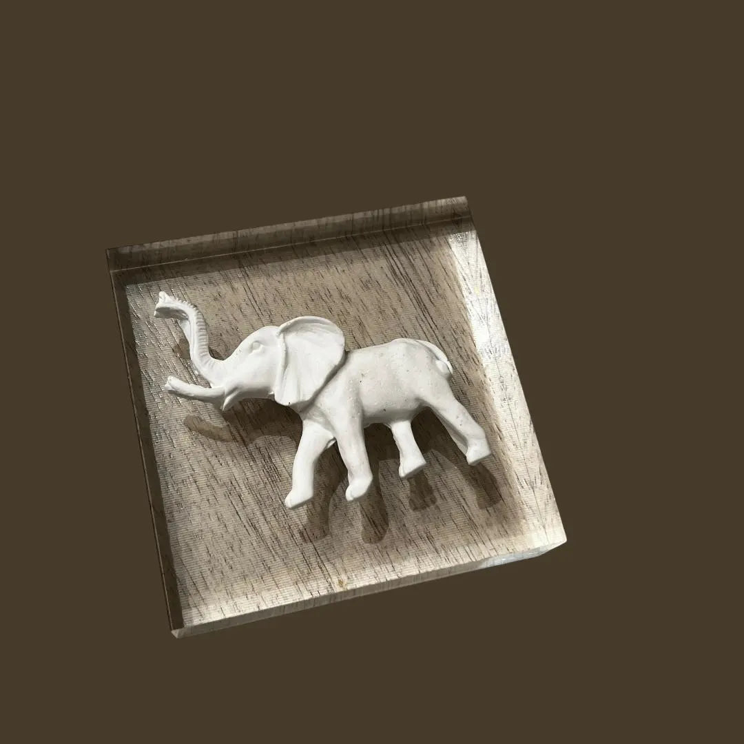 White Elephant Intaglio Art on Acrylic Block – 4x4x1 Clear Display – Unique Desk or Shelf Decor – Handmade Collectible Gift